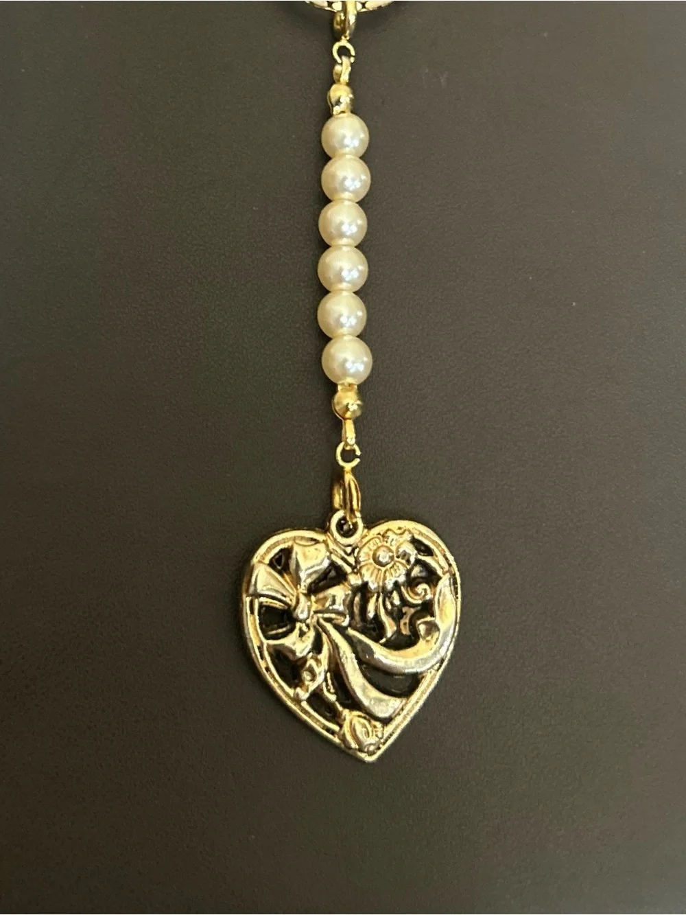 Vintage Gold Openwork Heart Pearl Charm Pendant Ribbon Bow Flower Upcycled
